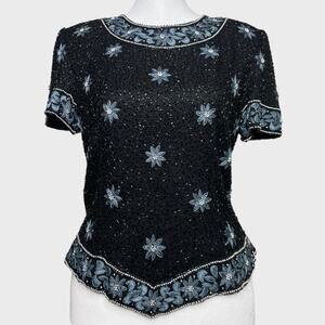 Cote d' Azur VTG Fairy Goth Ornate Floral Beaded Embroidered Formal Silk Top M